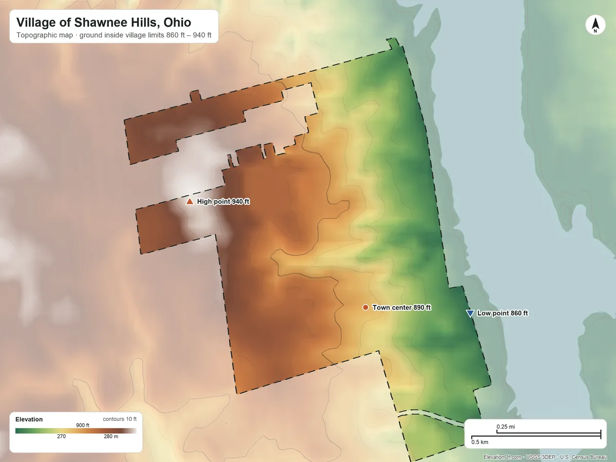 Topographic elevation map of Village of Shawnee Hills, Ohio, shaded from 860 ft on the east side to 940 ft on the northwest side
