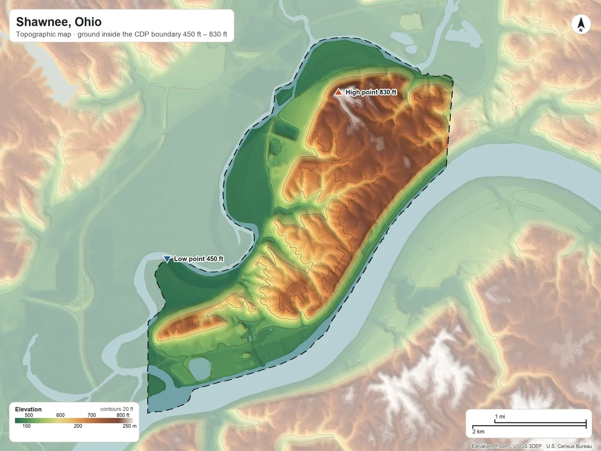 Topographic elevation map of Shawnee, Ohio, shaded from 450 ft on the west side to 830 ft on the north side