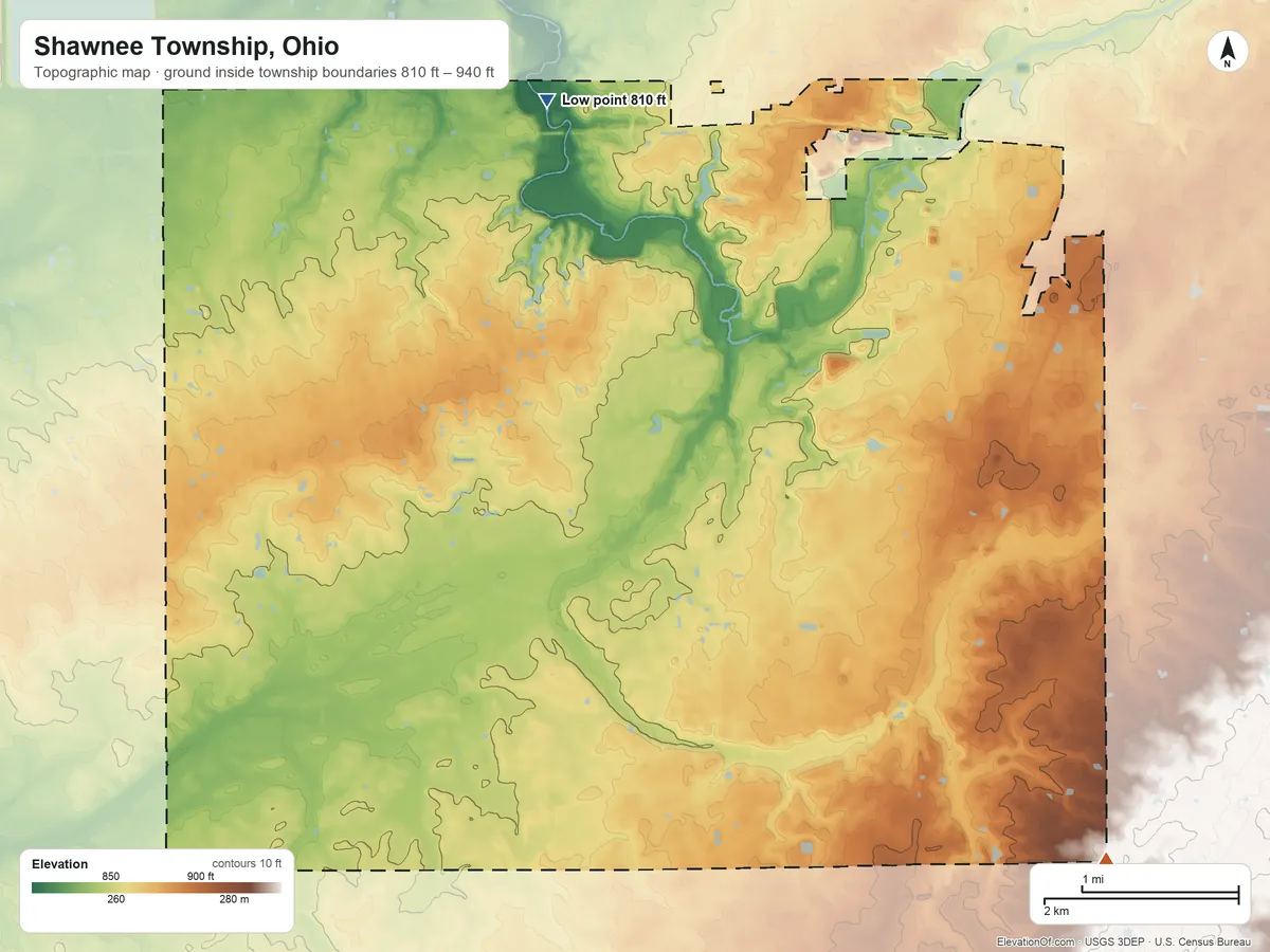Topographic elevation map of Shawnee Township, Ohio, shaded from 810 ft on the north side to 940 ft on the southeast side