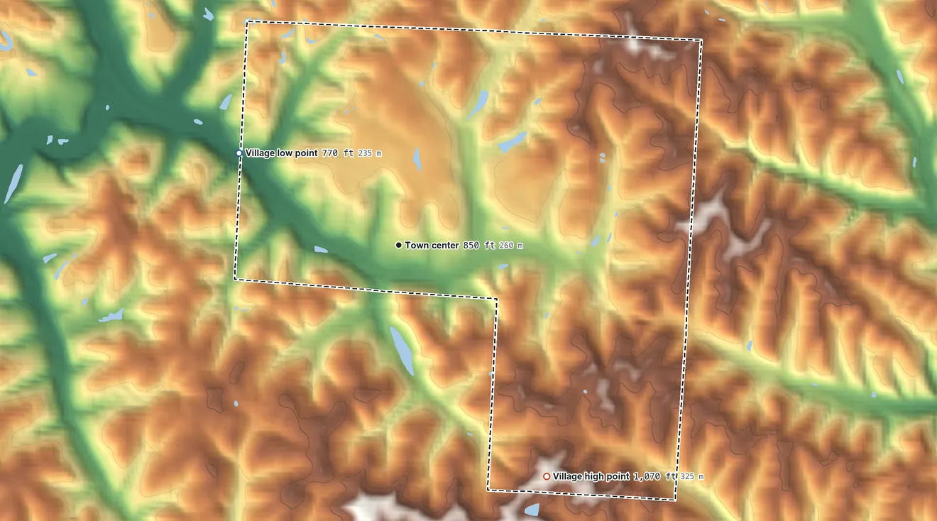Topographic elevation map of Village of Shawnee, Ohio, shaded from 770 ft on the northwest side to 1,070 ft on the southeast side