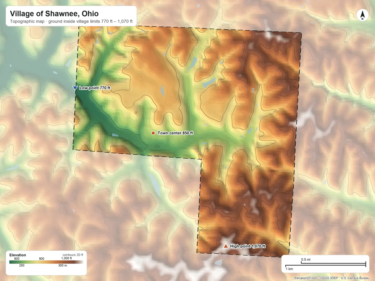 Topographic elevation map of Village of Shawnee, Ohio, shaded from 770 ft on the northwest side to 1,070 ft on the southeast side