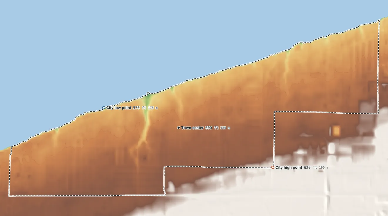 Topographic elevation map of Sheffield Lake, Ohio, shaded from 570 ft on the west side to 620 ft on the southeast side