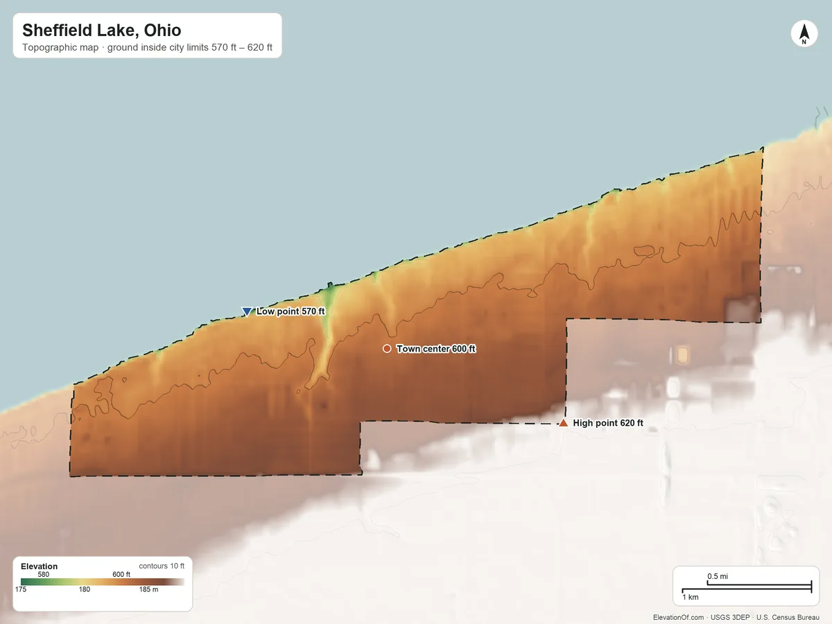 Topographic elevation map of Sheffield Lake, Ohio, shaded from 570 ft on the west side to 620 ft on the southeast side