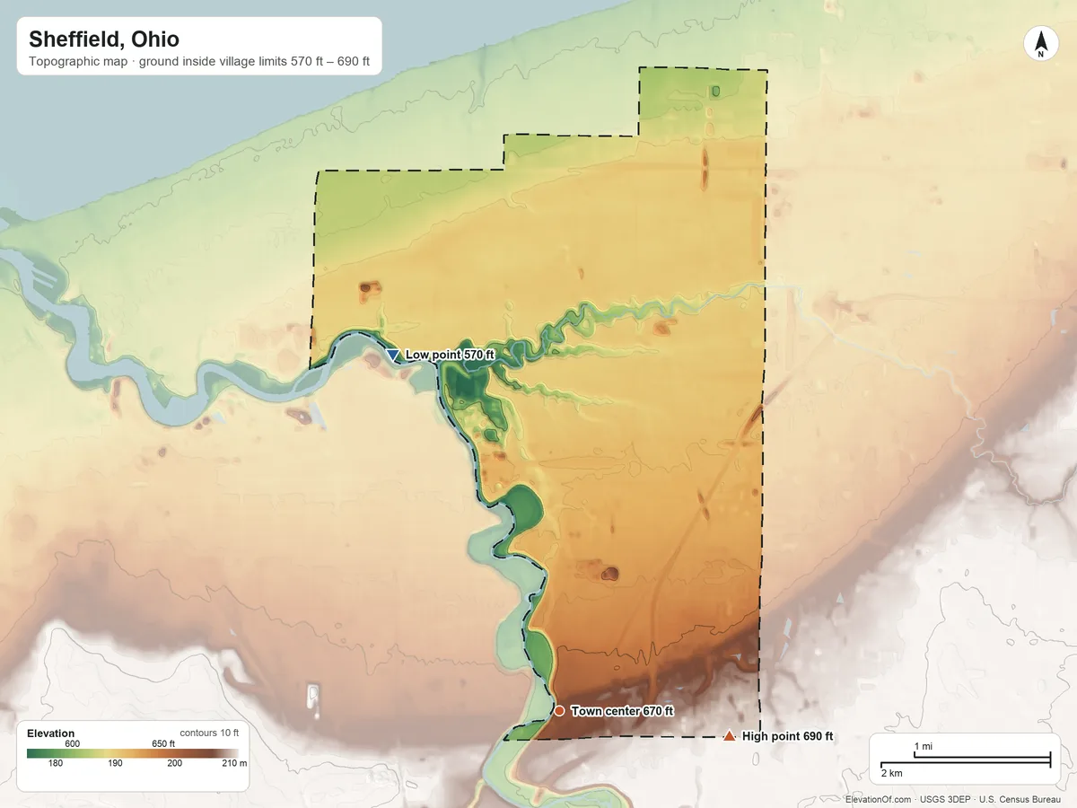 Topographic elevation map of Sheffield, Ohio, shaded from 570 ft on the northwest side to 690 ft on the east side