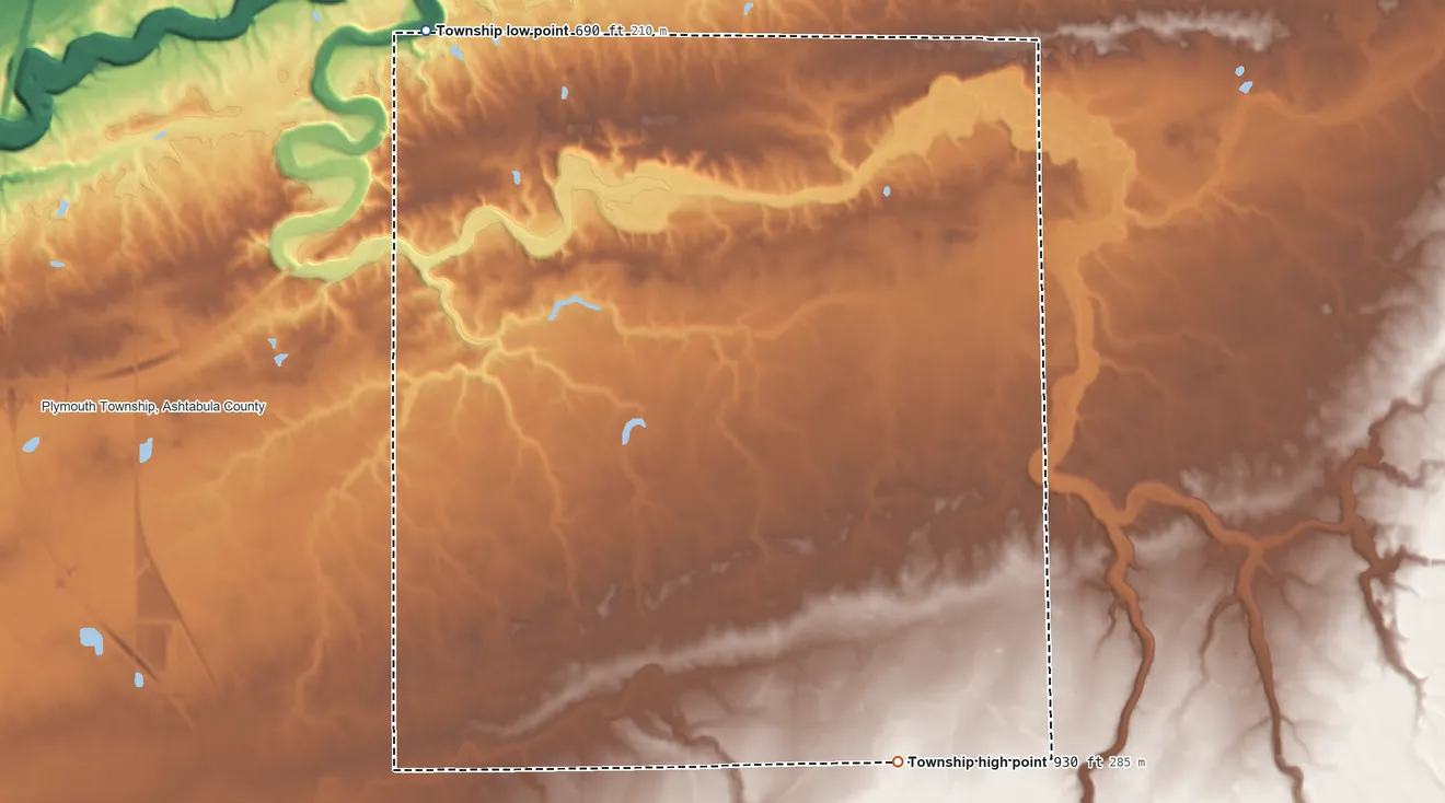 Topographic elevation map of Sheffield Township, Ashtabula County, Ohio, shaded from 690 ft on the northwest side to 930 ft on the southeast side