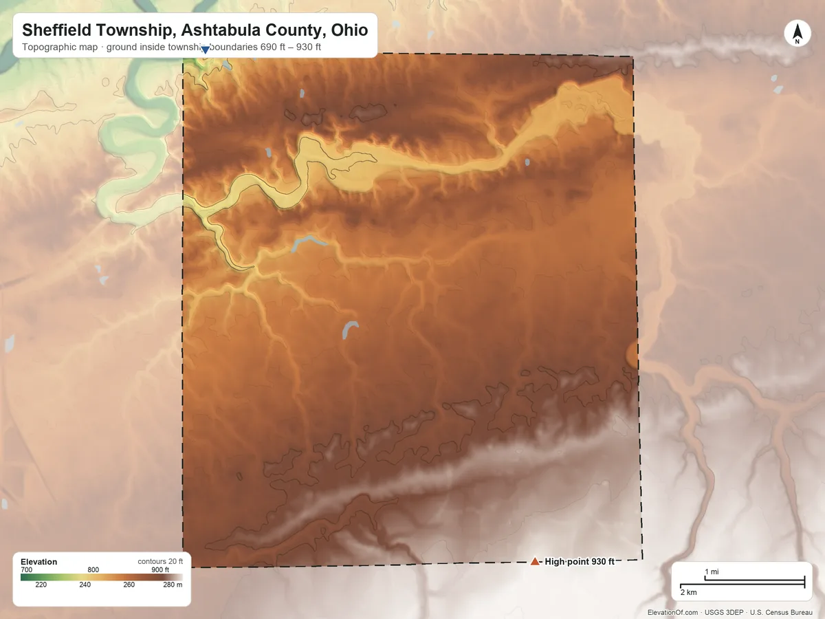 Topographic elevation map of Sheffield Township, Ashtabula County, Ohio, shaded from 690 ft on the northwest side to 930 ft on the southeast side