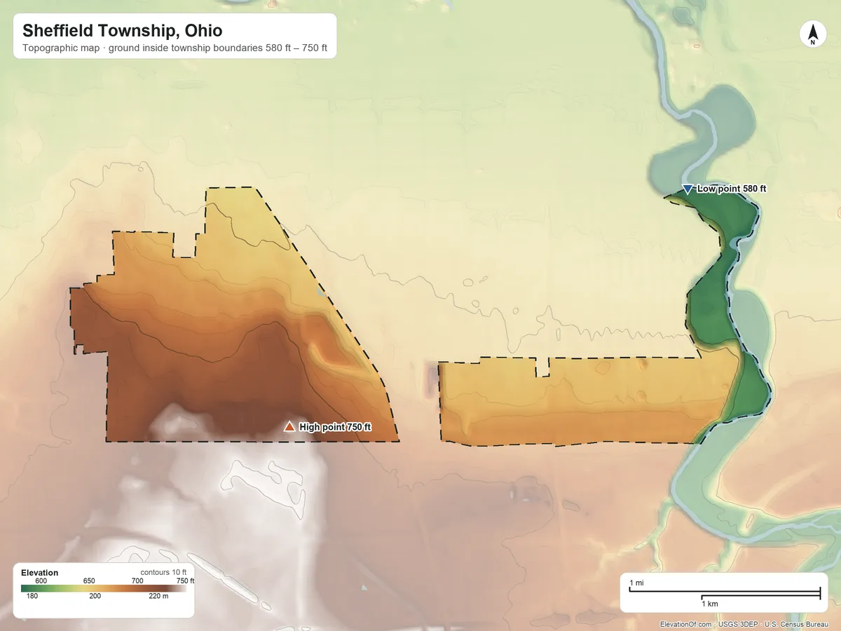 Topographic elevation map of Sheffield Township, Ohio, shaded from 580 ft on the east side to 750 ft on the south side