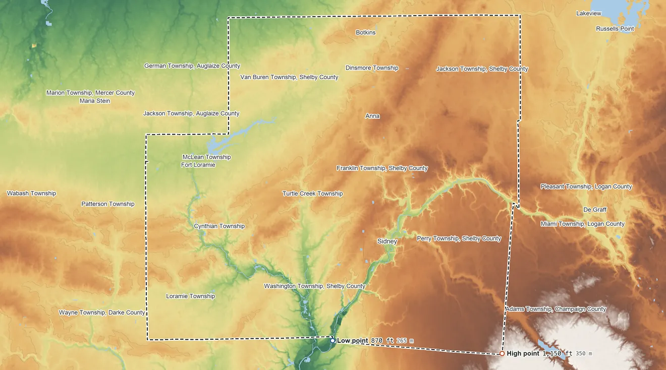 Topographic elevation map of Shelby County, Ohio, shaded from 870 ft on the south side to 1,150 ft on the southeast side