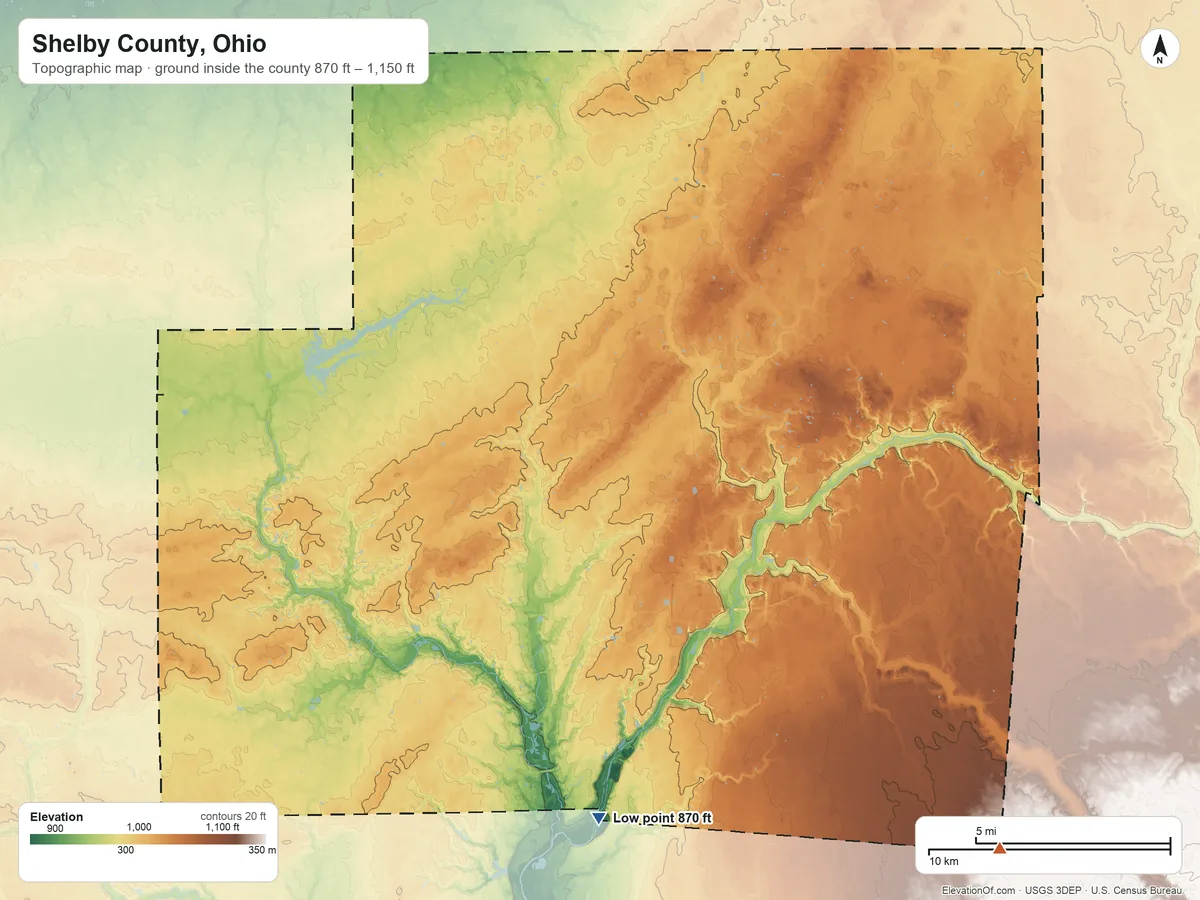 Topographic elevation map of Shelby County, Ohio, shaded from 870 ft on the south side to 1,150 ft on the southeast side