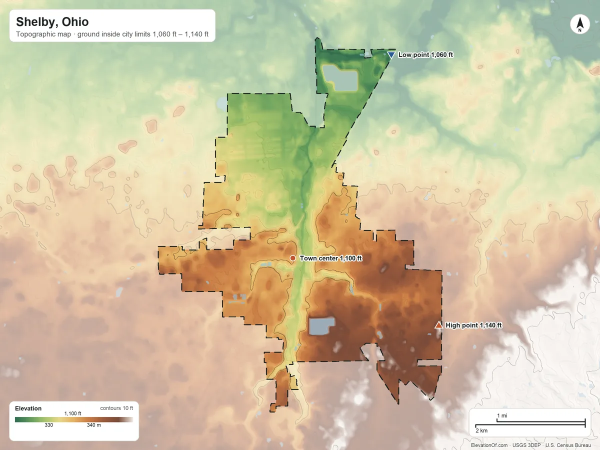 Topographic elevation map of Shelby, Ohio, shaded from 1,060 ft on the northeast side to 1,140 ft on the southeast side