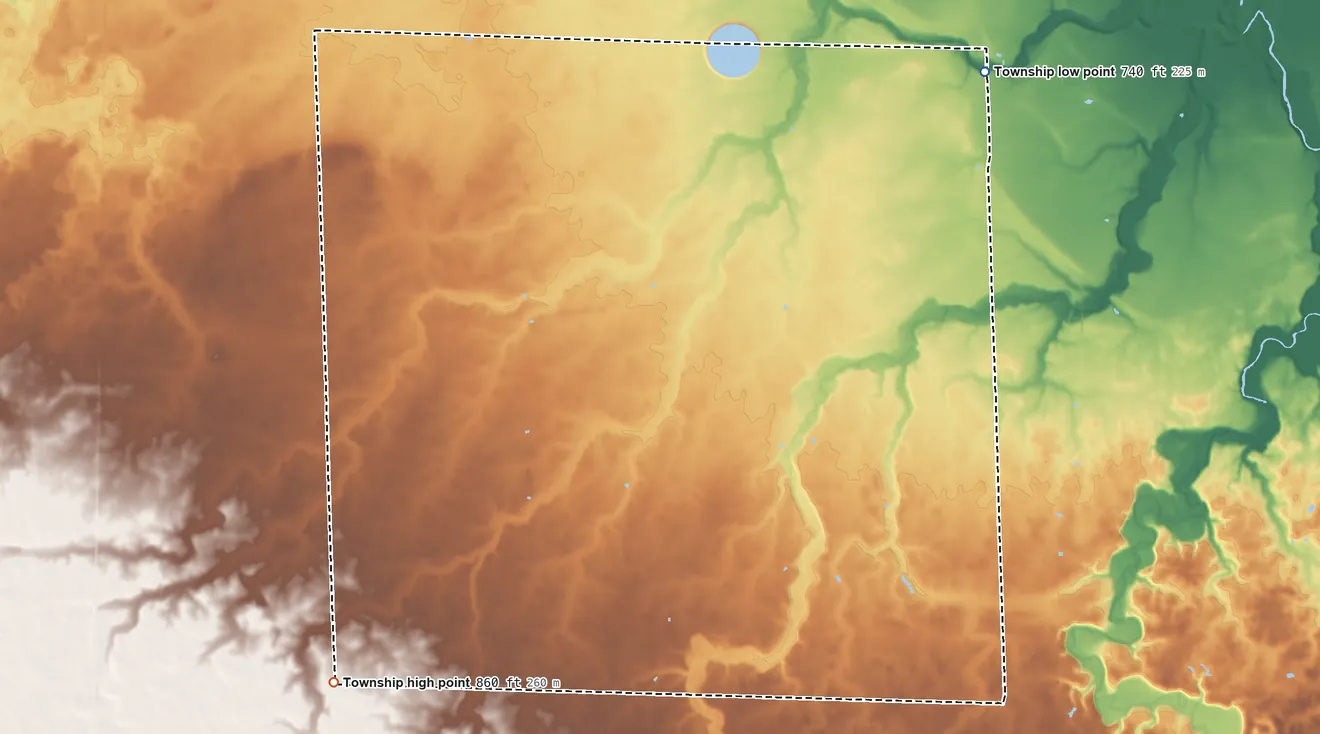 Topographic elevation map of Sherman Township, Ohio, shaded from 740 ft on the northeast side to 860 ft on the southwest side