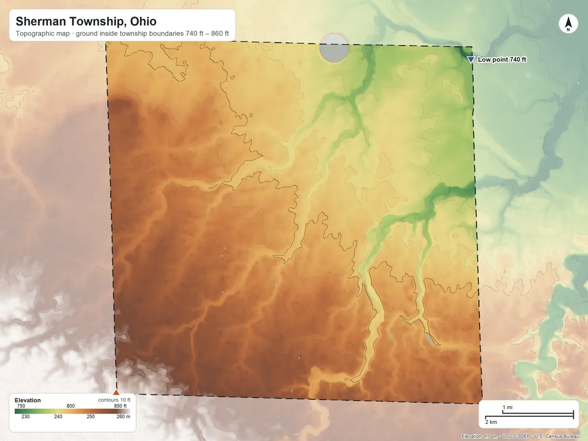 Topographic elevation map of Sherman Township, Ohio, shaded from 740 ft on the northeast side to 860 ft on the southwest side