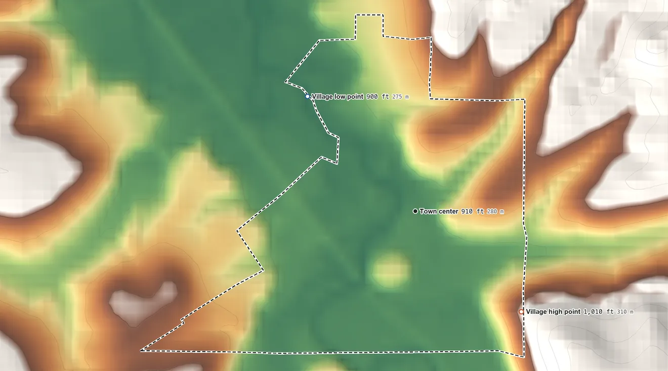 Topographic elevation map of Sherrodsville, Ohio, shaded from 900 ft on the northwest side to 1,010 ft on the southeast side