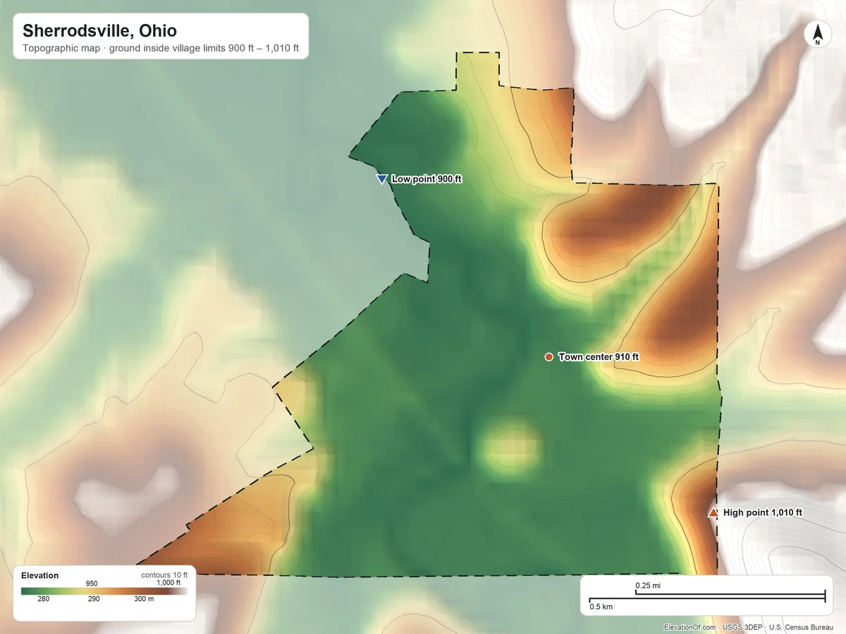 Topographic elevation map of Sherrodsville, Ohio, shaded from 900 ft on the northwest side to 1,010 ft on the southeast side