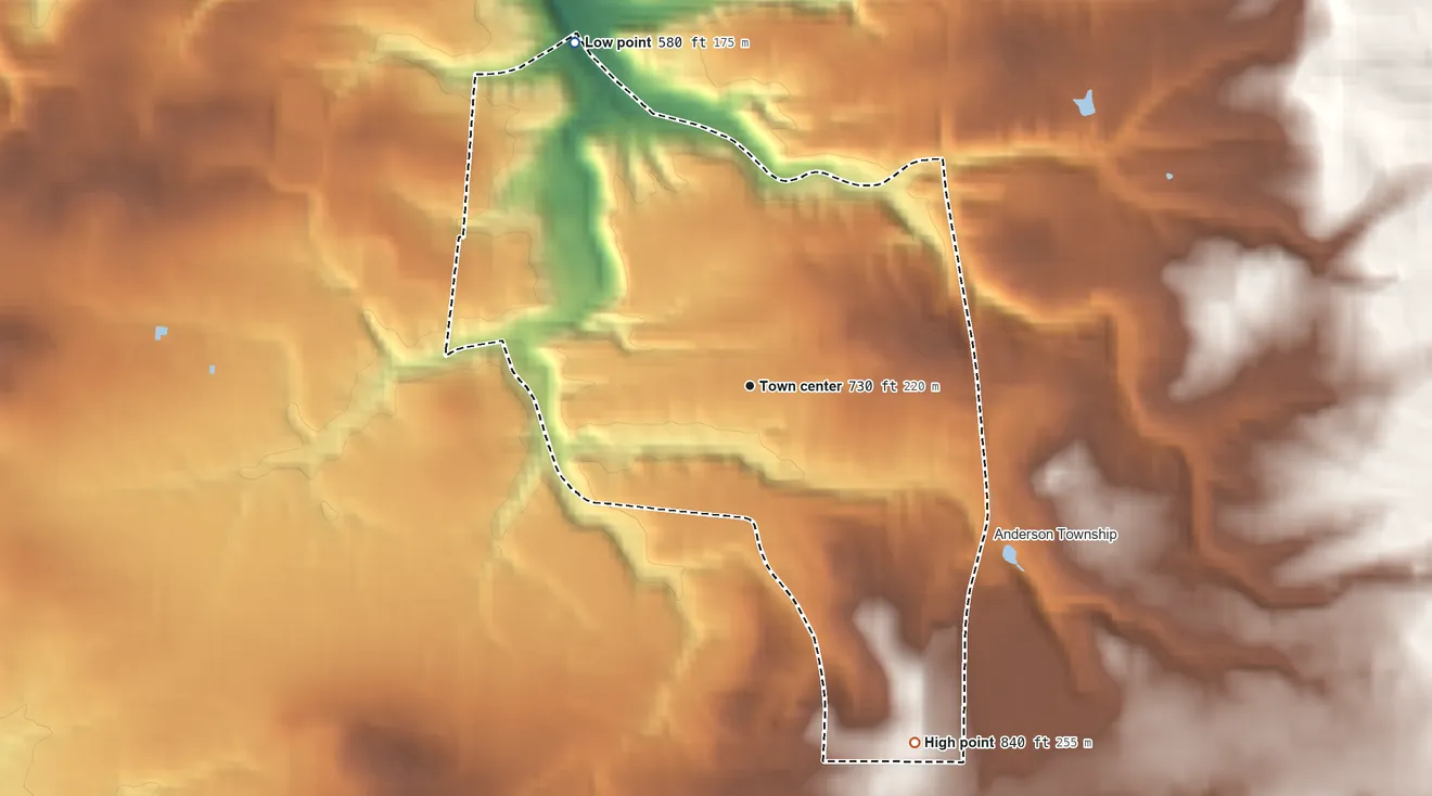 Topographic elevation map of Sherwood, Ohio, shaded from 580 ft on the northwest side to 840 ft on the southeast side