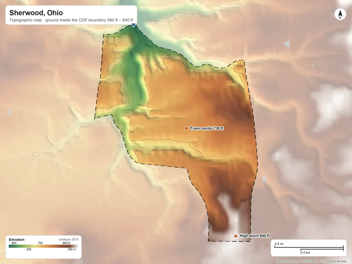 Topographic elevation map of Sherwood, Ohio, shaded from 580 ft on the northwest side to 840 ft on the southeast side