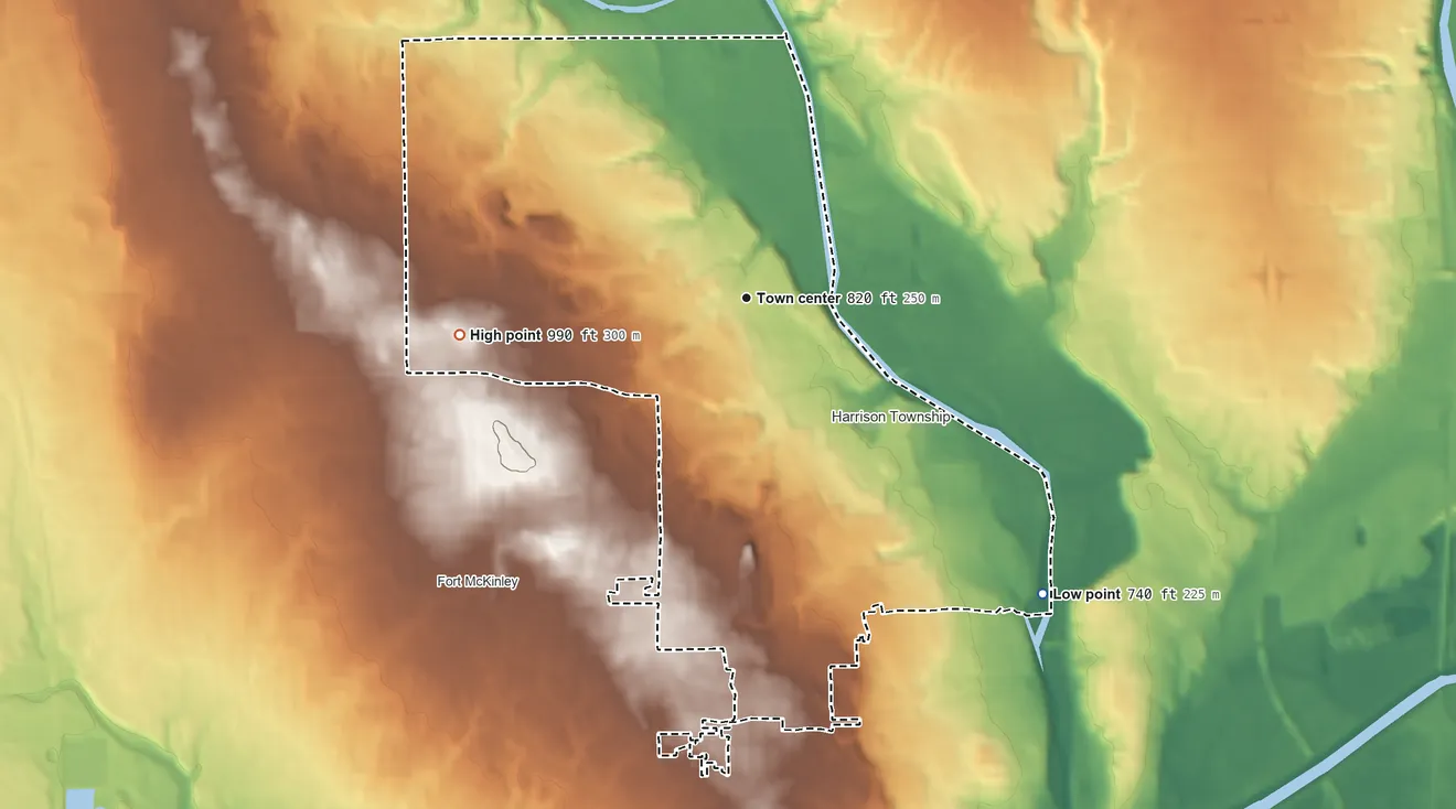 Topographic elevation map of Shiloh, Ohio, shaded from 740 ft on the southeast side to 990 ft on the west side