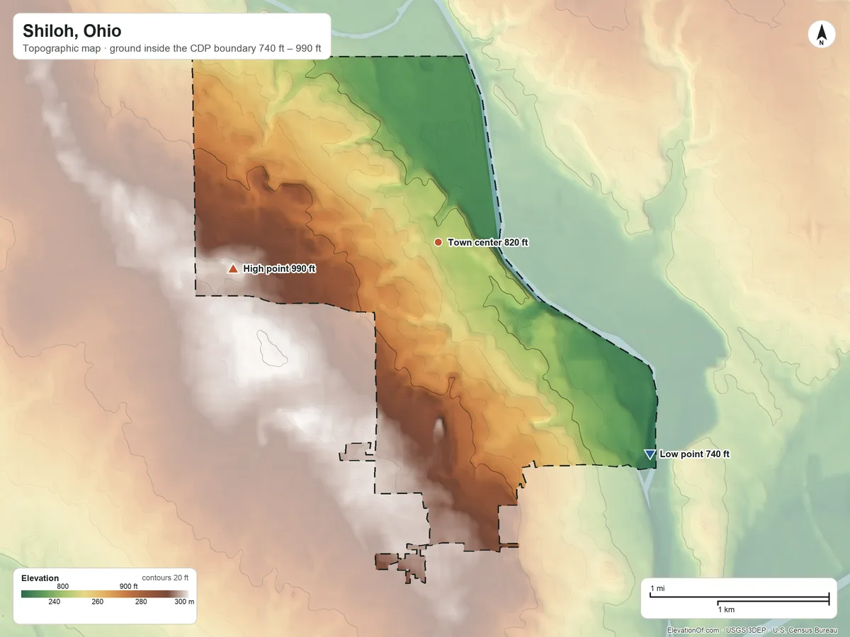 Topographic elevation map of Shiloh, Ohio, shaded from 740 ft on the southeast side to 990 ft on the west side