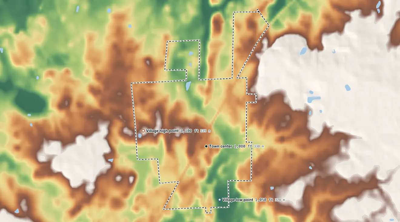 Topographic elevation map of Village of Shiloh, Ohio, shaded from 1,050 ft on the south side to 1,100 ft on the west side