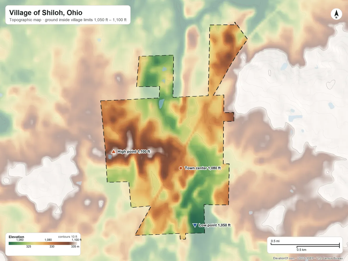 Topographic elevation map of Village of Shiloh, Ohio, shaded from 1,050 ft on the south side to 1,100 ft on the west side