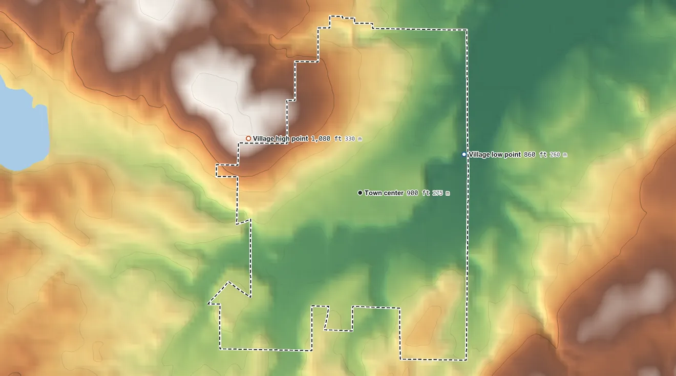 Topographic elevation map of Shreve, Ohio, shaded from 860 ft on the east side to 1,080 ft on the northwest side
