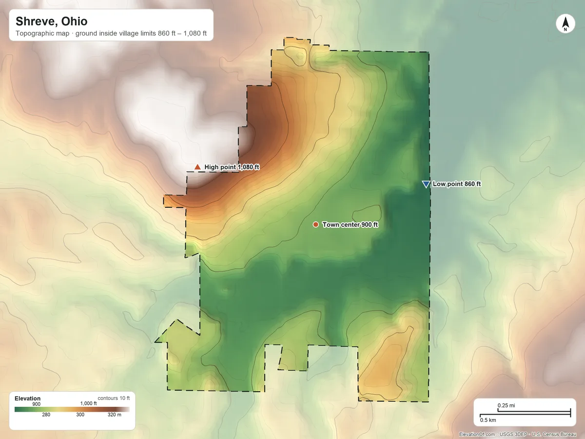 Topographic elevation map of Shreve, Ohio, shaded from 860 ft on the east side to 1,080 ft on the northwest side