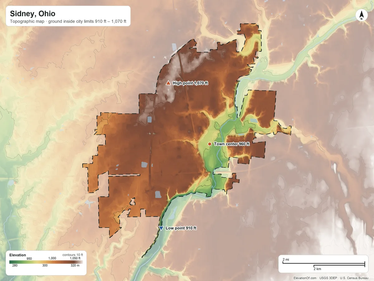 Topographic elevation map of Sidney, Ohio, shaded from 910 ft on the southwest side to 1,070 ft on the northwest side