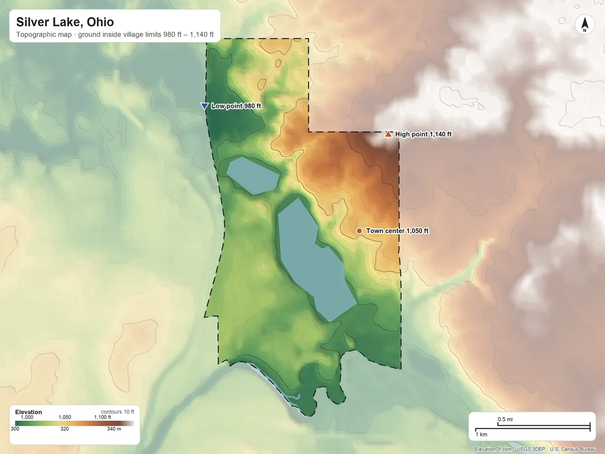 Topographic elevation map of Silver Lake, Ohio, shaded from 980 ft on the northwest side to 1,140 ft on the north side