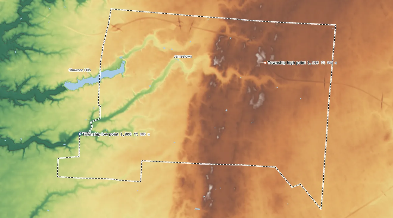 Topographic elevation map of Silvercreek Township, Ohio, shaded from 1,000 ft on the southwest side to 1,110 ft on the east side