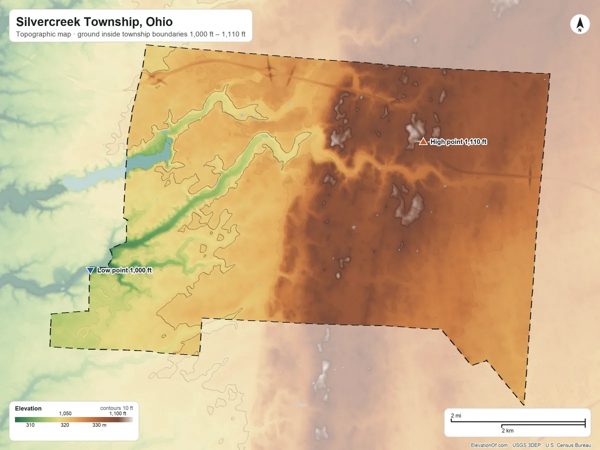 Topographic elevation map of Silvercreek Township, Ohio, shaded from 1,000 ft on the southwest side to 1,110 ft on the east side