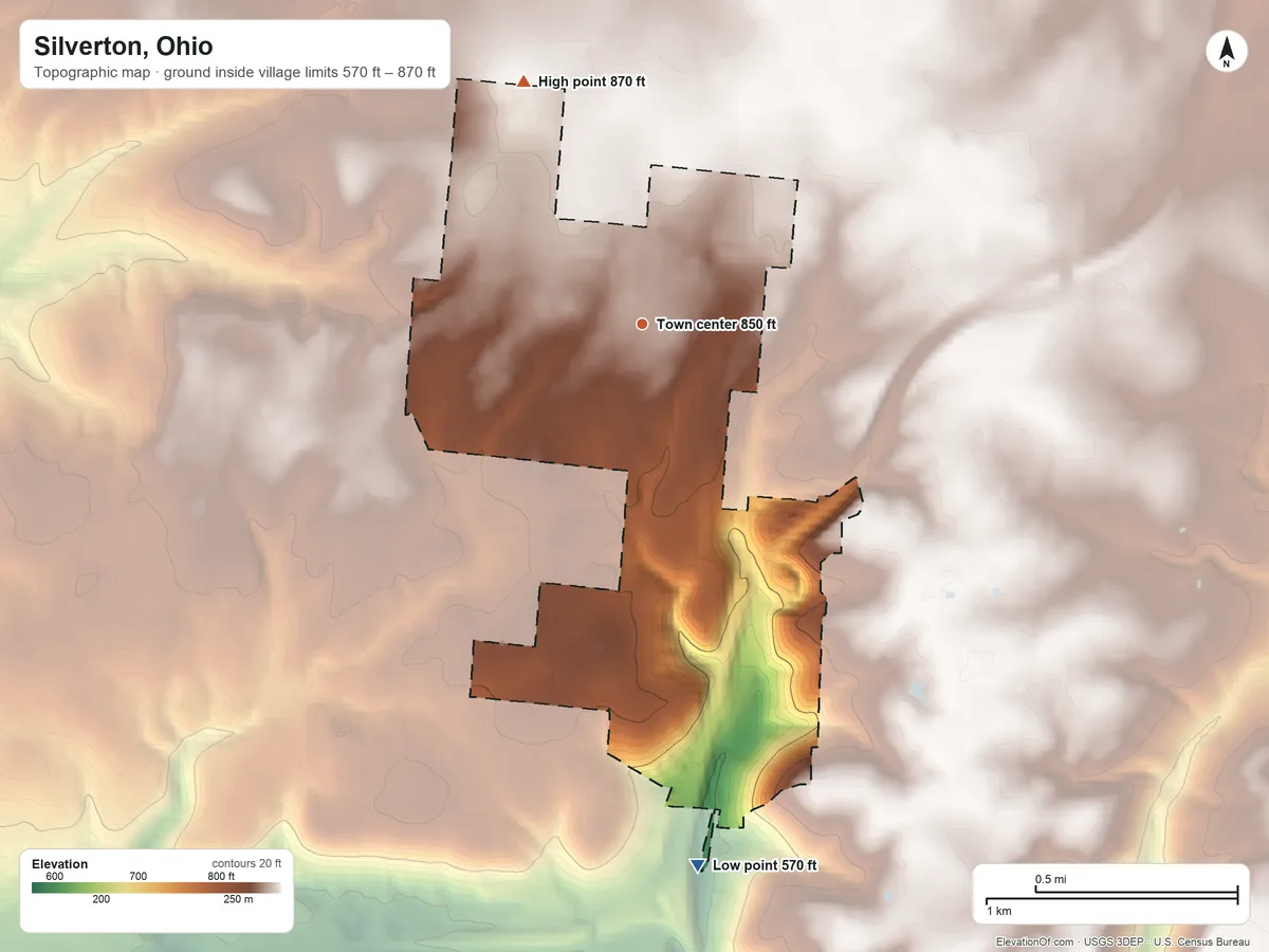 Topographic elevation map of Silverton, Ohio, shaded from 570 ft on the south side to 870 ft on the northwest side