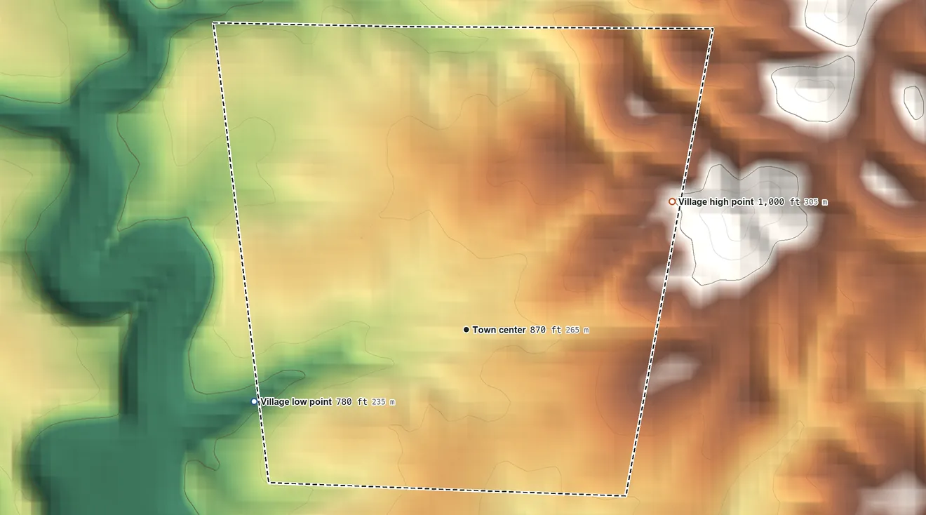 Topographic elevation map of Sinking Spring, Ohio, shaded from 780 ft on the west side to 1,000 ft on the northeast side