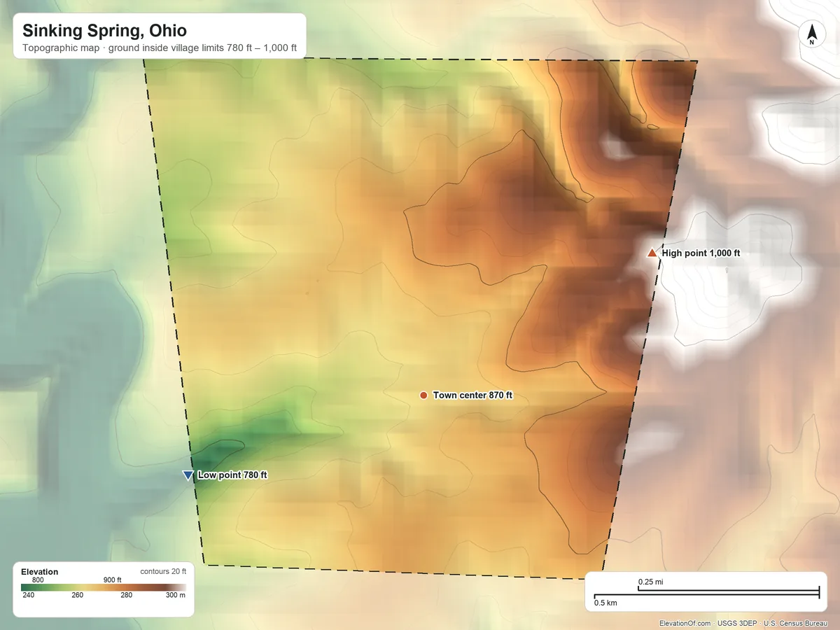 Topographic elevation map of Sinking Spring, Ohio, shaded from 780 ft on the west side to 1,000 ft on the northeast side