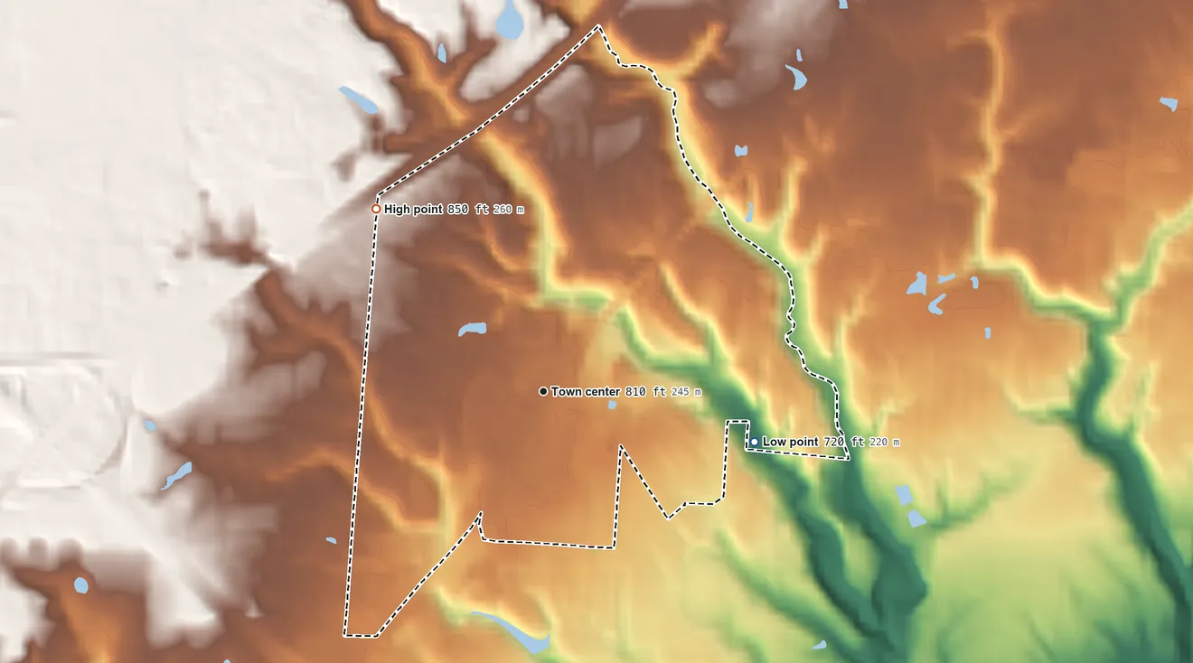 Topographic elevation map of Sixteen Mile Stand, Ohio, shaded from 720 ft on the east side to 850 ft on the northwest side