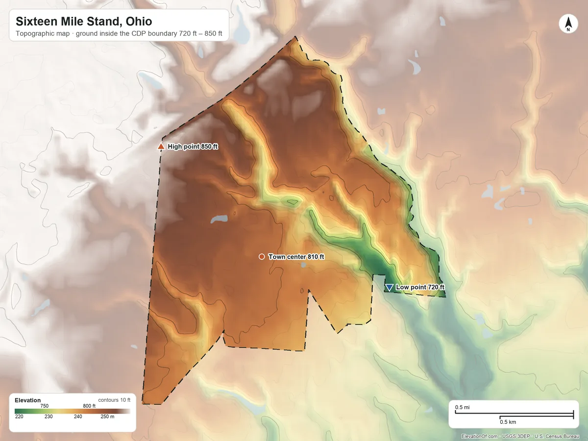 Topographic elevation map of Sixteen Mile Stand, Ohio, shaded from 720 ft on the east side to 850 ft on the northwest side