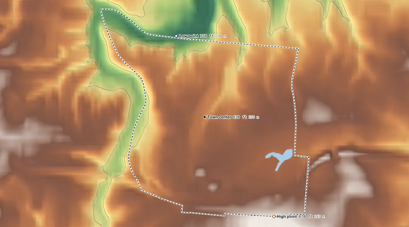 Topographic elevation map of Skyline Acres, Ohio, shaded from 760 ft on the north side to 870 ft on the southeast side
