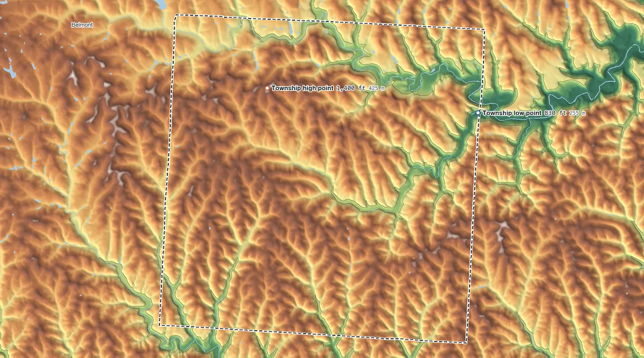 Topographic elevation map of Smith Township, Belmont County, Ohio, shaded from 830 ft on the northeast side to 1,397 ft on Galloway Knob