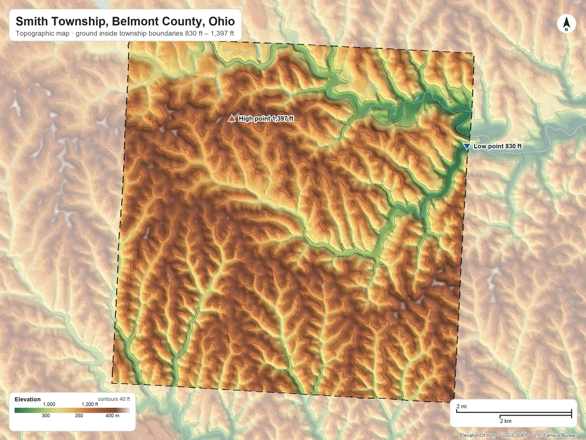 Topographic elevation map of Smith Township, Belmont County, Ohio, shaded from 830 ft on the northeast side to 1,397 ft on Galloway Knob