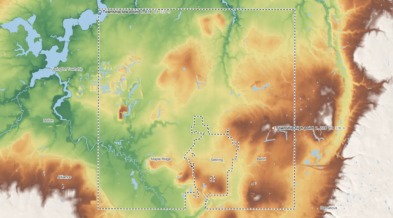 Topographic elevation map of Smith Township, Ohio, shaded from 1,020 ft on the northwest side to 1,220 ft on the east side