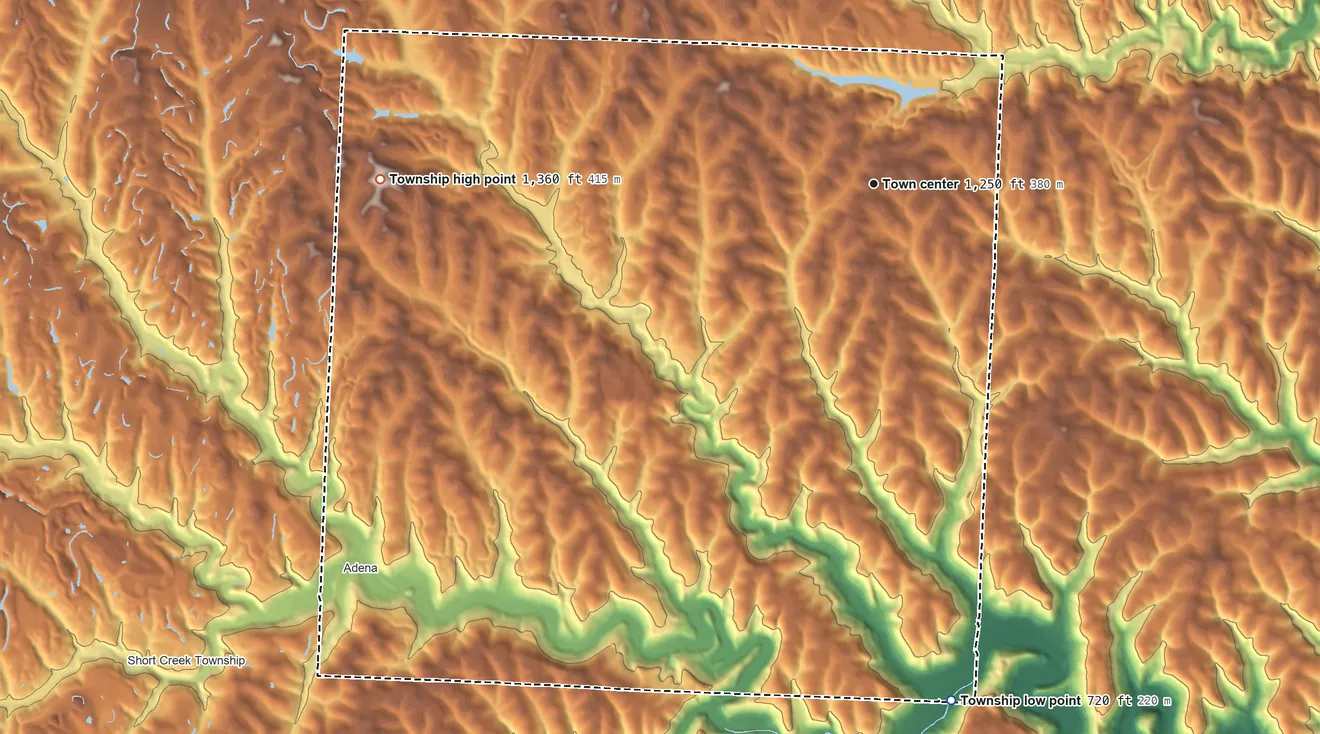 Topographic elevation map of Smithfield Township, Ohio, shaded from 720 ft on the south side to 1,360 ft on the west side