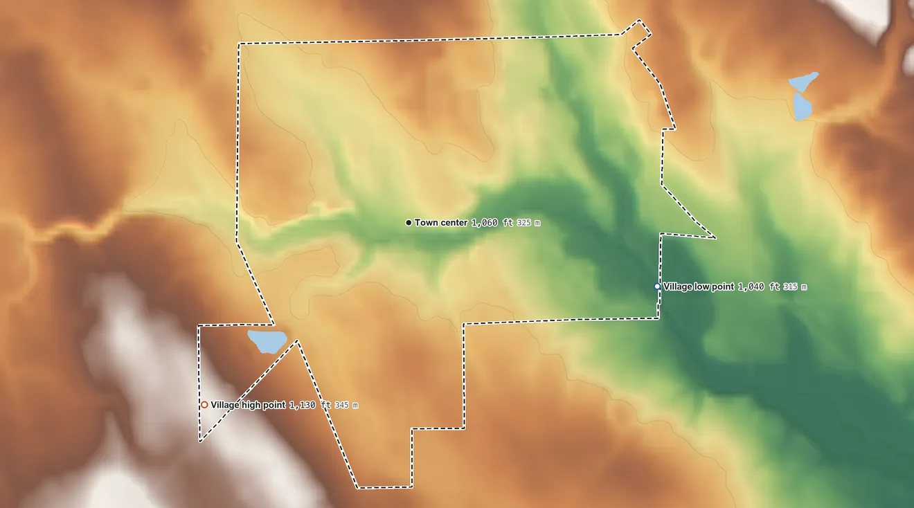 Topographic elevation map of Smithville, Ohio, shaded from 1,040 ft on the east side to 1,130 ft on the southwest side