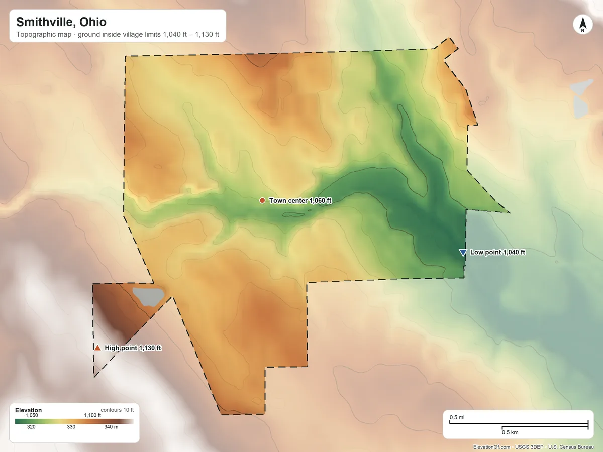 Topographic elevation map of Smithville, Ohio, shaded from 1,040 ft on the east side to 1,130 ft on the southwest side
