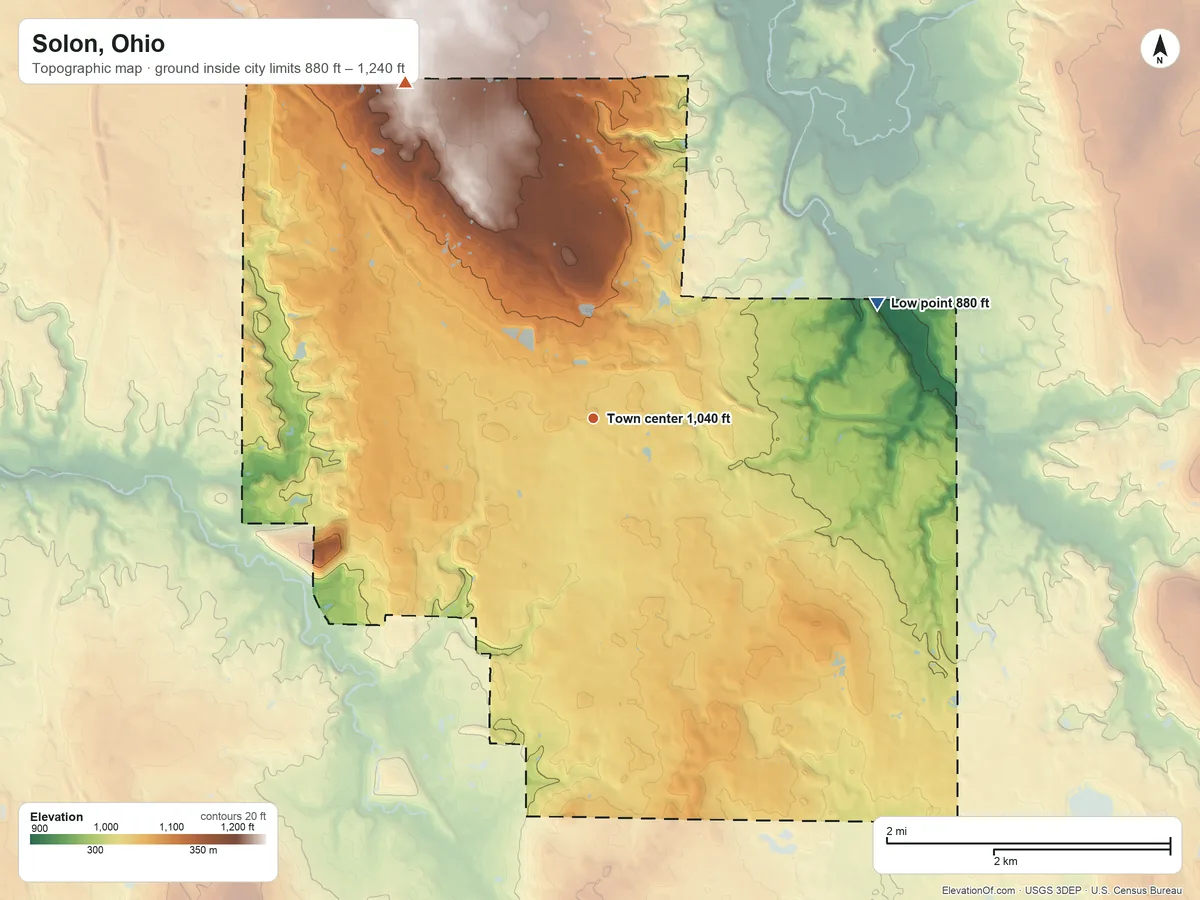 Topographic elevation map of Solon, Ohio, shaded from 880 ft on the east side to 1,240 ft on the northwest side