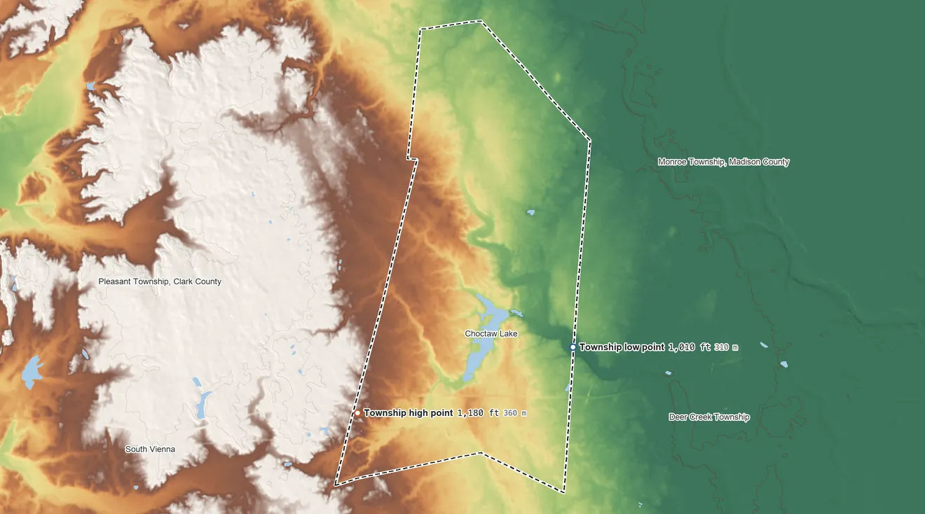 Topographic elevation map of Somerford Township, Ohio, shaded from 1,010 ft on the east side to 1,180 ft on the southwest side