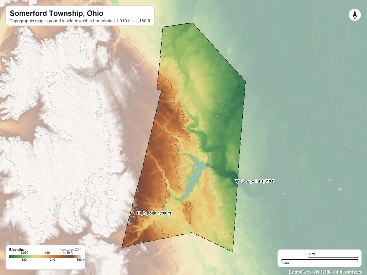 Topographic elevation map of Somerford Township, Ohio, shaded from 1,010 ft on the east side to 1,180 ft on the southwest side