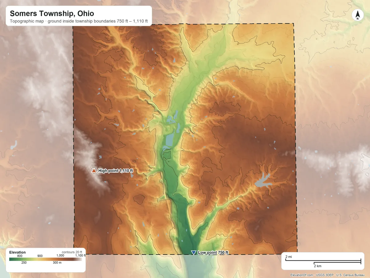 Topographic elevation map of Somers Township, Ohio, shaded from 750 ft on the south side to 1,110 ft on the southwest side