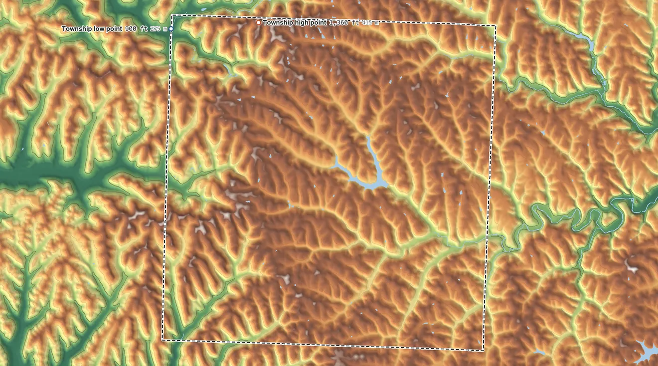 Topographic elevation map of Somerset Township, Ohio, shaded from 900 ft on the northwest side to 1,360 ft on the northwest side