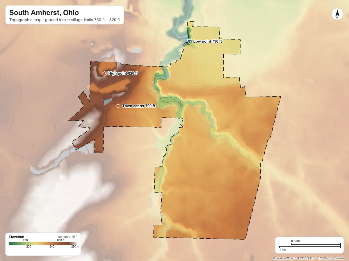 Topographic elevation map of South Amherst, Ohio, shaded from 730 ft on the northeast side to 820 ft on the northwest side