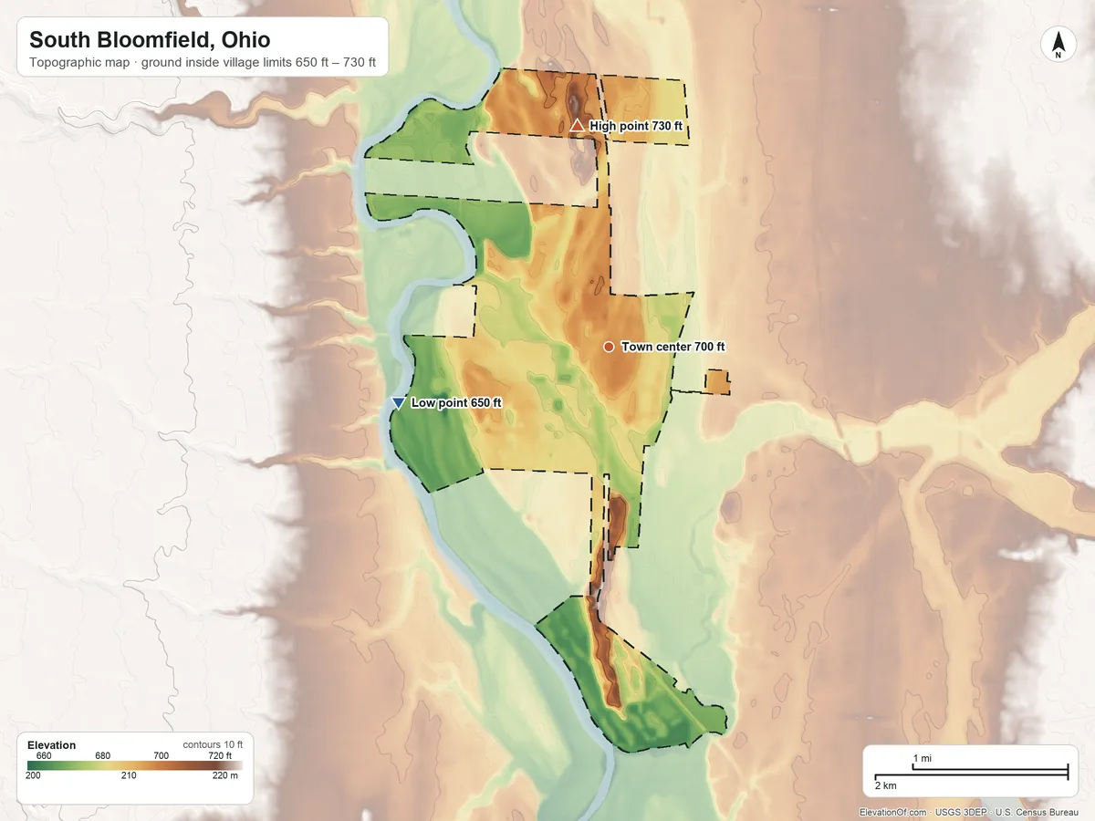 Topographic elevation map of South Bloomfield, Ohio, shaded from 650 ft on the west side to 730 ft on the north side