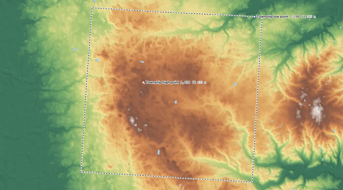 Topographic elevation map of South Bloomfield Township, Ohio, shaded from 1,200 ft on the northeast side to 1,420 ft on Hulse Hill